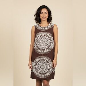 VINTAGE Y2K Maggy London Size 10 Chocolate Brown Linen Shift Dress Paisley Print